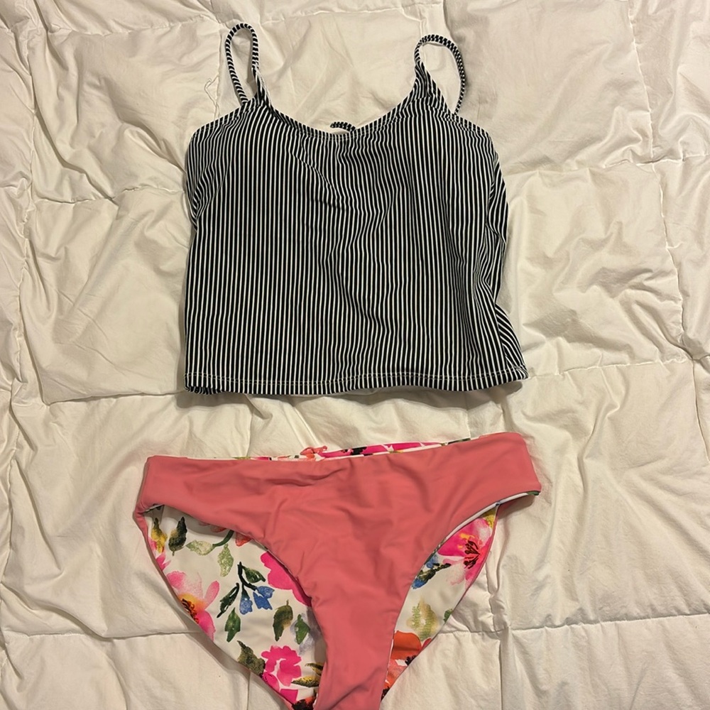 Coral Reef Swim Striped Black and White Top w/ Floral Pink Bikini Bottom